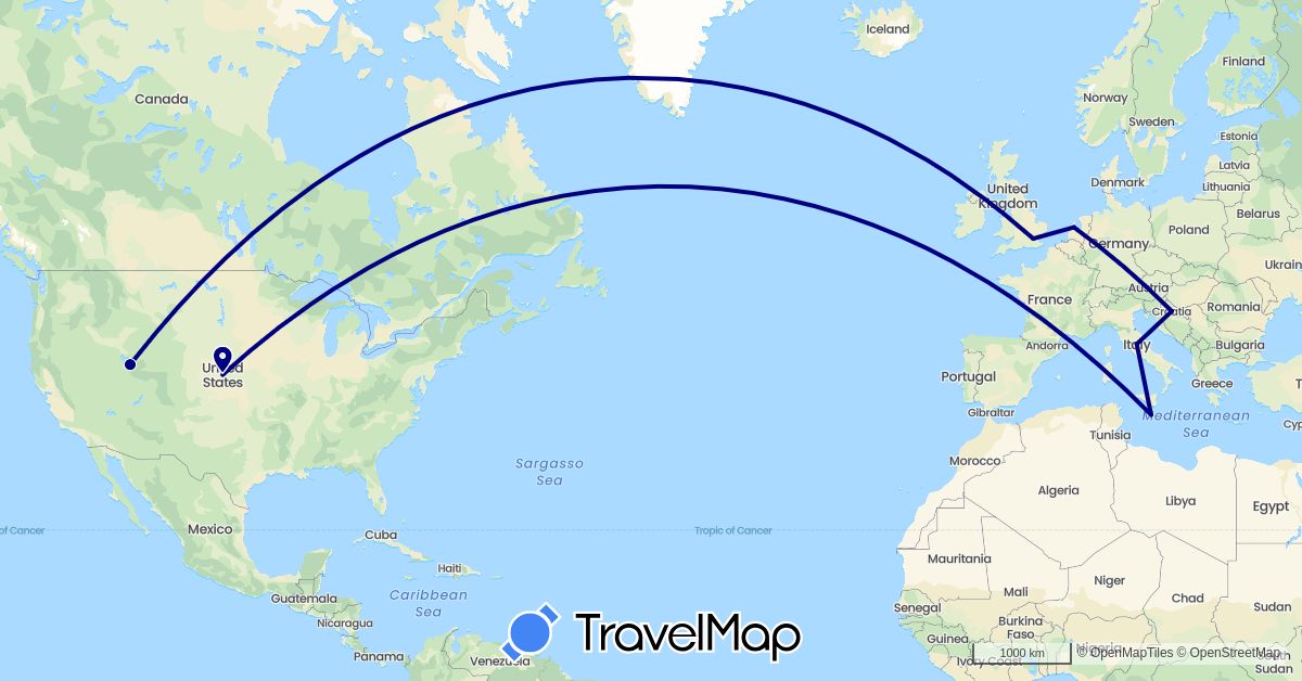 TravelMap itinerary: driving in United Kingdom, Croatia, Italy, Malta, Netherlands, United States (Europe, North America)